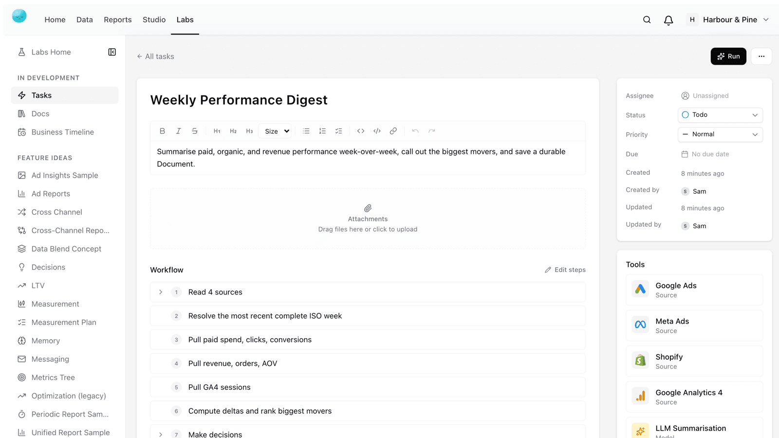 A Vendo task built from the Weekly Performance Digest template, showing its workflow steps and the tools it can use
